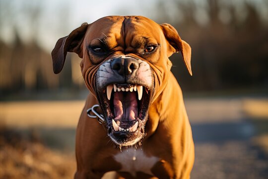 Aggressive dog baring teeth and growling in defensive stance.