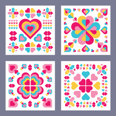 Set of backgrounds with pattern of hearts. Geometric ornament with square motives of heart shape. Decorative element for souvenirs, gifts, home decor, textile, fabric