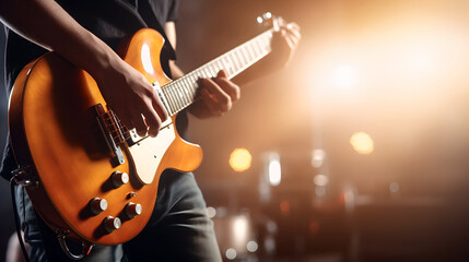 Close-up musician guitar playing a concert on a club stage - obrazy, fototapety, plakaty