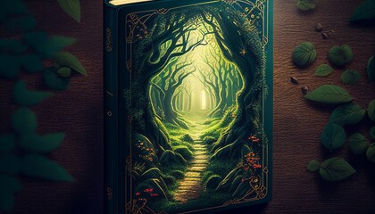 An enchanting forest scene on a book cover, with sunlight filtering through the trees and illuminating a hidden path.