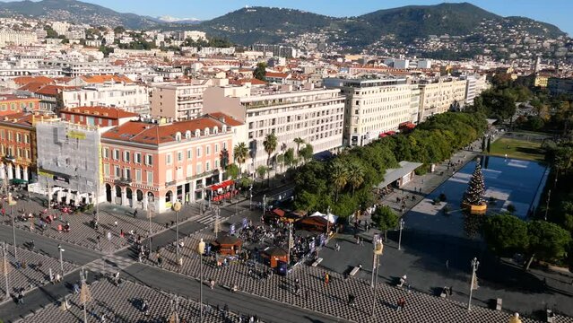 Nice city in France, 2023, christmas market, crossroad view, place Massena, view of the city from a height of the ferris wheel, Nice, cote d'azur, view of the city from a height of the ferris wheel