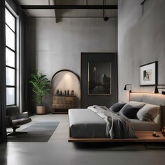 An industrial-chic loft bedroom with concrete floors and metal-framed beds2