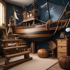 A whimsical pirate ship-themed playroom with rope ladders and a crows nest2