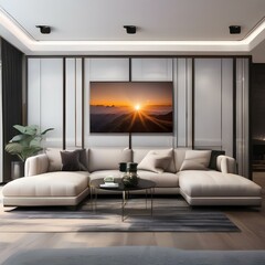 A contemporary living room with a sectional sofa and a wall-mounted entertainment unit1