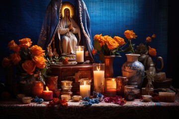 Christian altar with Virgin Mary statue decorated with flowers and candles. Las Posadas, Assumption, Solemnity, Visitation, Nativity of blessed Virgin mary celebration - obrazy, fototapety, plakaty