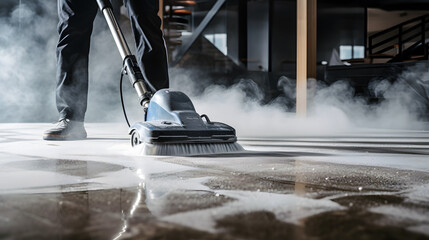 Closeup of janitor cleaning floor with polishing machine indoors. Scrubber machine for stone or parquet floor cleaning