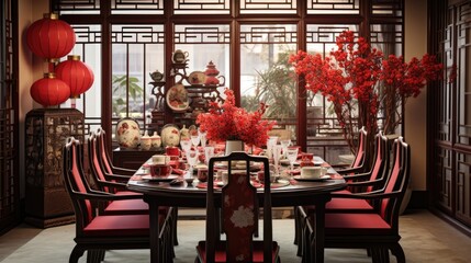 Chinese dining room decorated for lunar new year celebration - obrazy, fototapety, plakaty