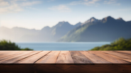 Wooden table top with blurred background featuring natural elements and view of sea, AI Generated