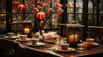 Foto op Aluminium Chinese dining room decorated for lunar new year celebration © netrun78