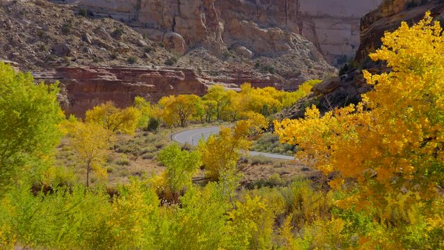Establishing shot of mountain trail with red rocks background in Hickman Natural Bridge Trail, Capital Reef National Park, Utah, North America. Day time on October 2023. Still camera view. ProRes 422 