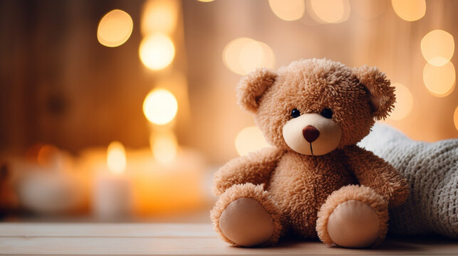 Charming and heartwarming image of toy teddy bear sitting in front of soft bokeh background, AI Generated