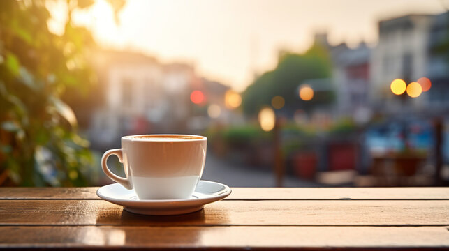 Quaint and delightful image of white coffee cup on table in outdoor cafe with morning city street, AI Generated