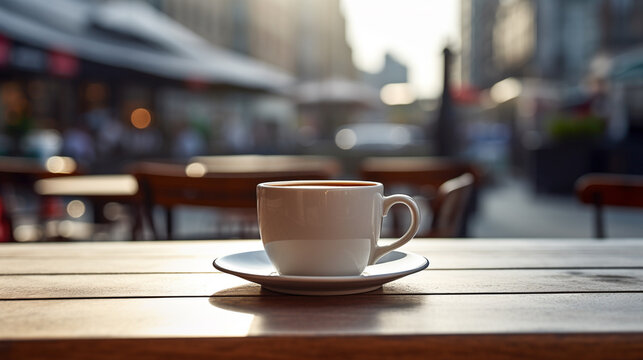 Quaint and delightful image of white coffee cup on table in outdoor cafe with morning city street, AI Generated