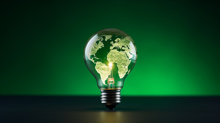 Artistic shot of glowing light bulb with world map design, Emphasizing sustainable energy on deep...