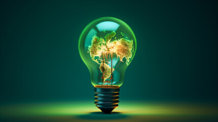 Artistic shot of glowing light bulb with world map design, Emphasizing sustainable energy on deep green backdrop, AI Generated