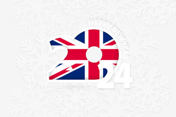New Year 2024 for United Kingdom on snowflake background.