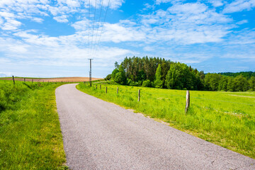 Fototapeta na wymiar Rural road along farming fields In Suwalski Landscape Park during spring season, Podlasie, Poland