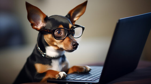 Charming and playful photo of smart puppy using laptop possibly for training or online shopping, Concept of pet adapting to modern technology and remote working, AI Generated