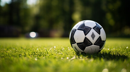 Fototapeta premium Bright and inviting image of soccer ball on field of green grass, Concept of summer camps and outdoor activities, AI Generated