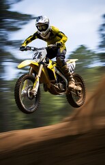a man rider riding a sport dirt bike in a race doing jumping stunt in the air