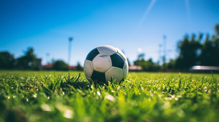 Bright and inviting image of soccer ball on field of green grass, Concept of summer camps and outdoor activities, AI Generated - obrazy, fototapety, plakaty