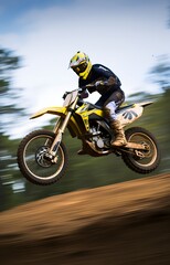 Obraz na płótnie Canvas a man rider riding a sport dirt bike in a race doing jumping stunt in the air