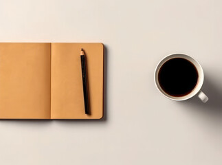 Cup of coffee, pencil and notepad on the table, top view. Workplace, business concept. AI generative