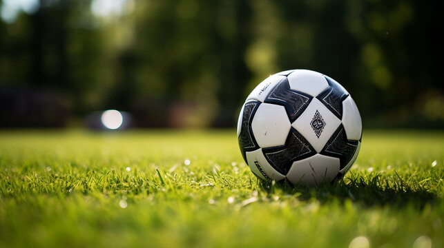 Bright and inviting image of soccer ball on field of green grass, Concept of summer camps and outdoor activities, AI Generated