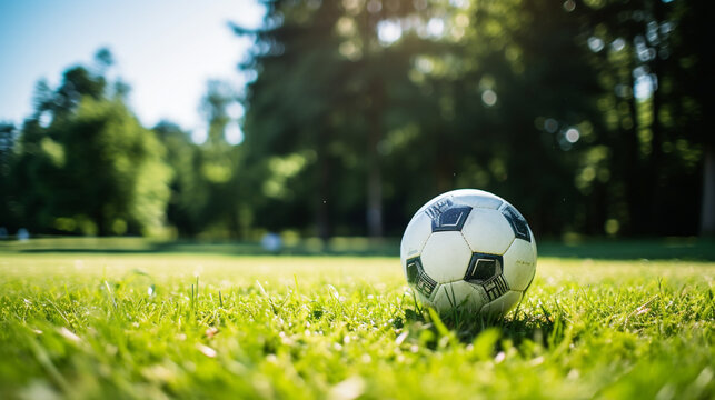 Bright and inviting image of soccer ball on field of green grass, Concept of summer camps and outdoor activities, AI Generated