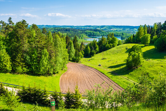 View og green fields and hills from observation point "Na Ozie" in Smolniki village in Suwalski Landscape Park, Podlasie, Poland