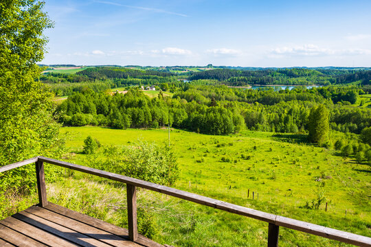 View og green fields and hills from observation point "U Pana Tadeusza" in Smolniki village, Suwalski Landscape Park, Podlasie, Poland