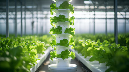 Bright and inviting image of lettuce growing vertically in hydroponic tower, Effectiveness of using nutrient-rich water for plant growth, AI Generated - obrazy, fototapety, plakaty