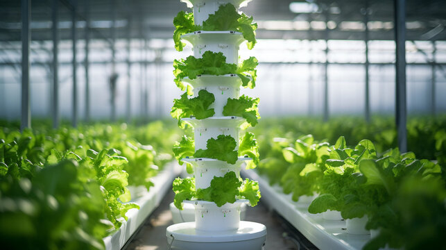 Bright and inviting image of lettuce growing vertically in hydroponic tower, Effectiveness of using nutrient-rich water for plant growth, AI Generated