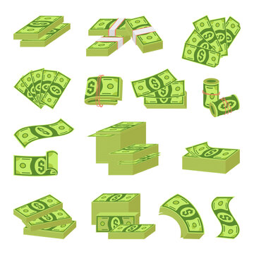 Cartoon cash money. Green dollars abundance in fan, piles and stacks. Financial and banking elements. Isolated banknotes, neoteric currency vector set