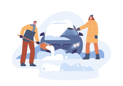 Clean car from snow after snowstorm. Man and woman cleaning auto, removed seasonal snowdrift with brush and shovel. Winter kicky vector scene