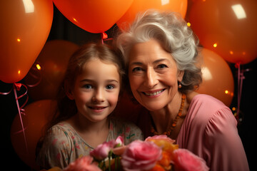 Kolorowe chwile z babcią - ujęcie pełne miłości, balonów i uśmiechów. - obrazy, fototapety, plakaty