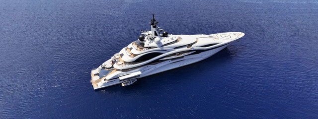 Aerial drone ultra wide panoramic photo with copy space of latest technology modern mega yacht with...