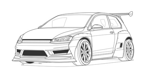 Original Vector line art car, concept design. Vehicle black contour outline sketch illustration isolated on white background. Stroke without fill. Cower drawing. Black-white icon.