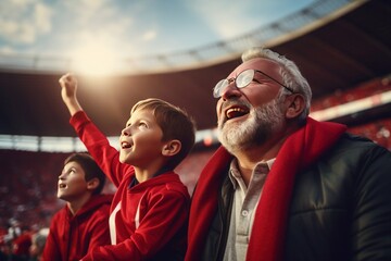 Grandfather with grandsons at an outdoor football stadium among other fans watching the game - obrazy, fototapety, plakaty