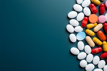 medical illness health medicines pills capsules background copy space - obrazy, fototapety, plakaty