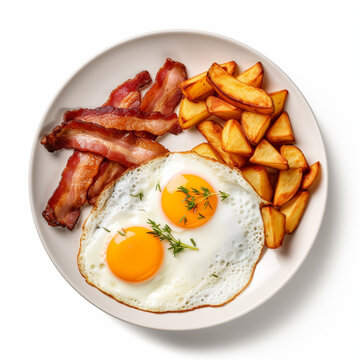 Fotografia con detalle y textura de plato con patatas fritas, huevos fritos y bacon, sobre fondo de color blanco