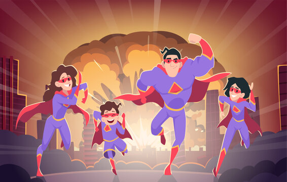 Cartoon heroes. Happy family kids and parents in superheroes costumes exact vector background