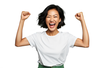 Close up of a happy chinese woman. Celebrating gesture