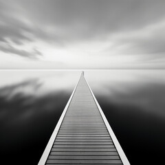 Fotografia con blanco y negro con detalle de pasarela de madera sobre aguas tranquilas