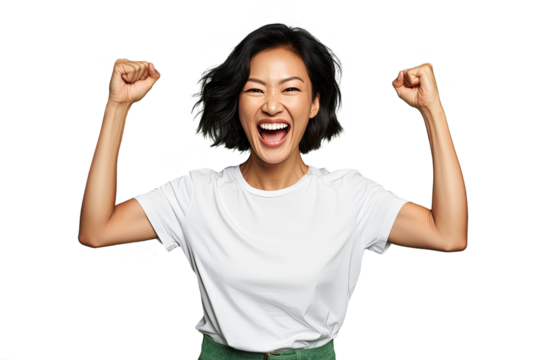 Close up of a happy chinese woman. Celebrating gesture