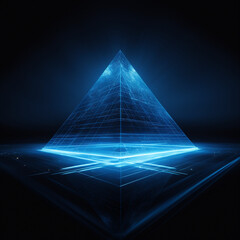 Fotografia con detalle de holograma con forma de piramide, con tonos azules