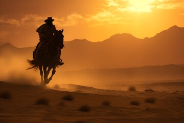 silhouette of a man cowboy riding a horse in the middle of the desert 