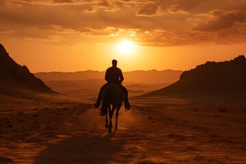 silhouette of a man cowboy riding a horse in the middle of the desert - obrazy, fototapety, plakaty