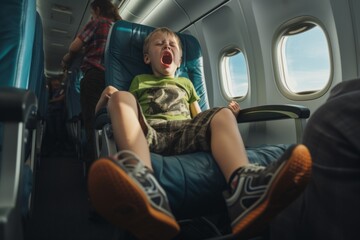 Young Boy Crying in Airplane Seat