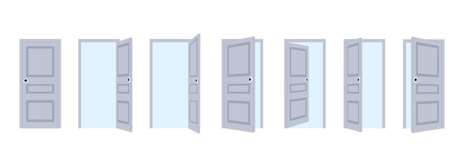 Open and close flat doors. Exit and entrance, outside and inside door in house or building. Various opened closed inputs, isolated vector set